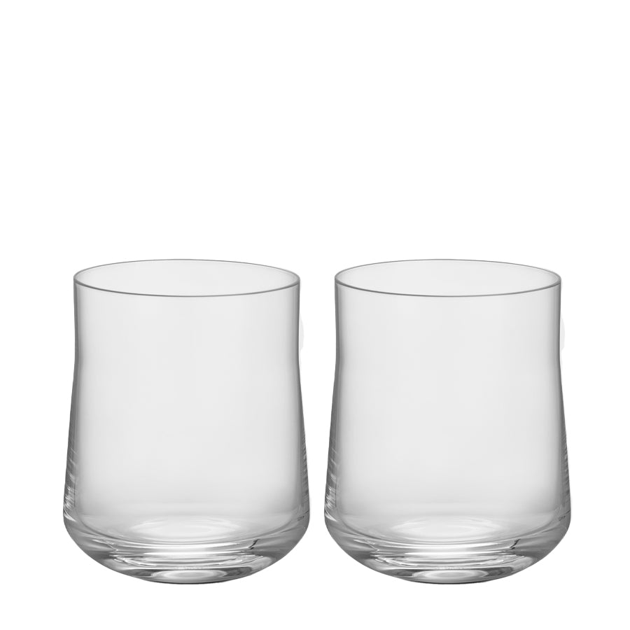 Two Orrefors Informal Tumbler Large Glasses, in a 2-pack, stand side by side on a white background, showcasing the clean elegance of Scandinavian design with their transparent cylindrical shape and slightly flared bases.