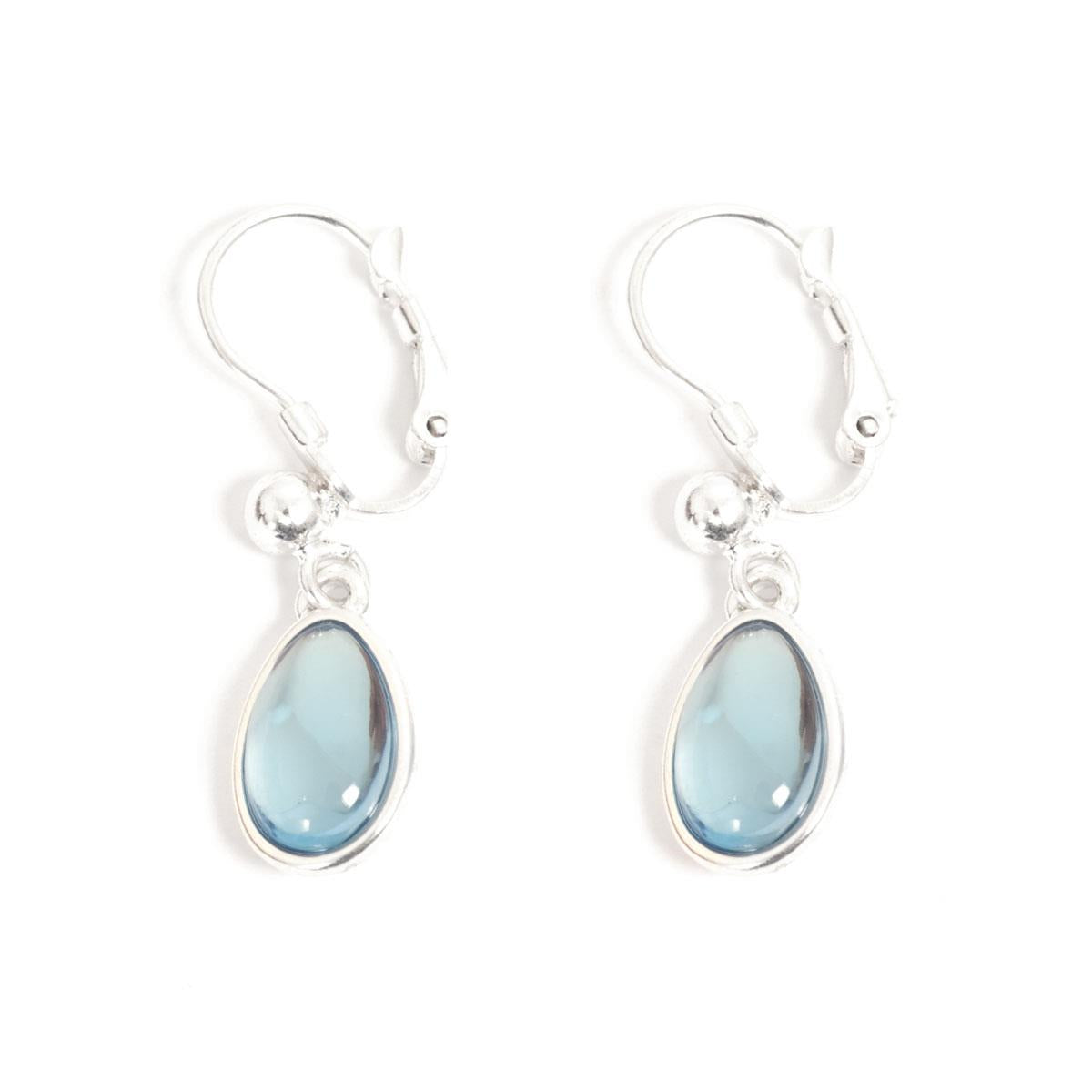 Introducing the Earrings: Glass Drop Blue A&C Norway French Clip, a stunning pair of silver-plated earrings adorned with hand-ground blue glass pendants set against a white backdrop.