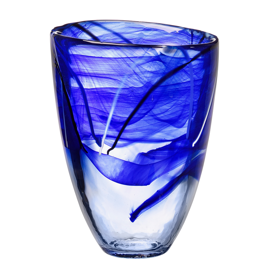 The KostaBoda: Contrast Vase Blue, designed by Anna Ehrner, features a mesmerizing blend of swirling patterns in its blue and clear glass design.