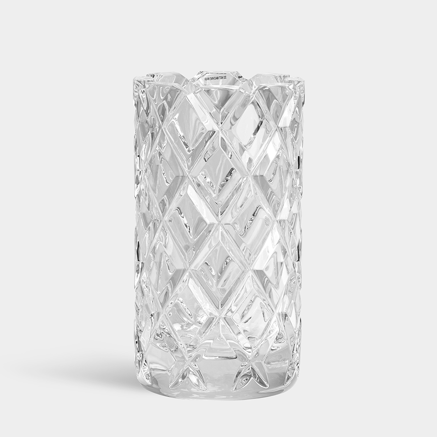 The Orrefors: Sofiero Vase Cylinder is a Scandinavian classic with a sleek diamond pattern design on clear glass, standing upright against a plain background.