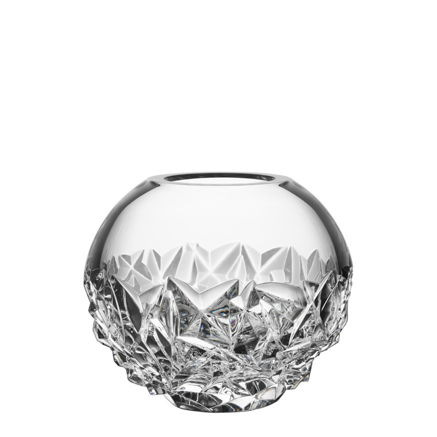 The Orrefors: Carat Globe Vase Small is a round, clear crystal glass vase featuring a beautifully faceted, textured design near the base.