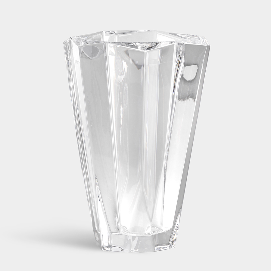 The Orrefors: Precious Vase Large, with its clear, faceted glass and polygonal shape reminiscent of a Malin Lindahl design, stands upright against a plain background.