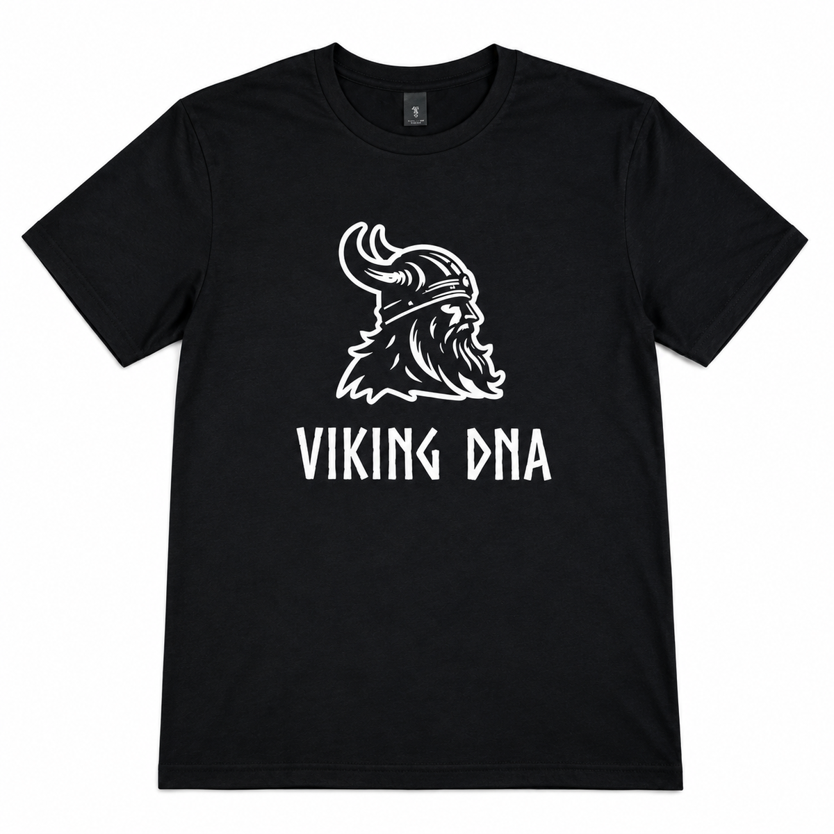 Black T-shirt with a white outline of a Viking head above the text “VIKING DNA” in bold letters.