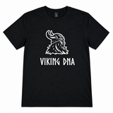 Black T-shirt with a white outline of a Viking head above the text “VIKING DNA” in bold letters.