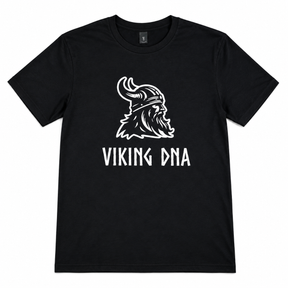 Black T-shirt with a white outline of a Viking head above the text “VIKING DNA” in bold letters.