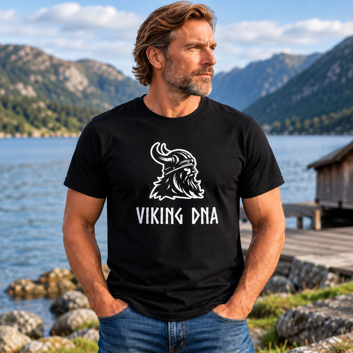 A man wearing a Viking heritage shirt stands by a lake with mountains and a wooden cabin in the background.