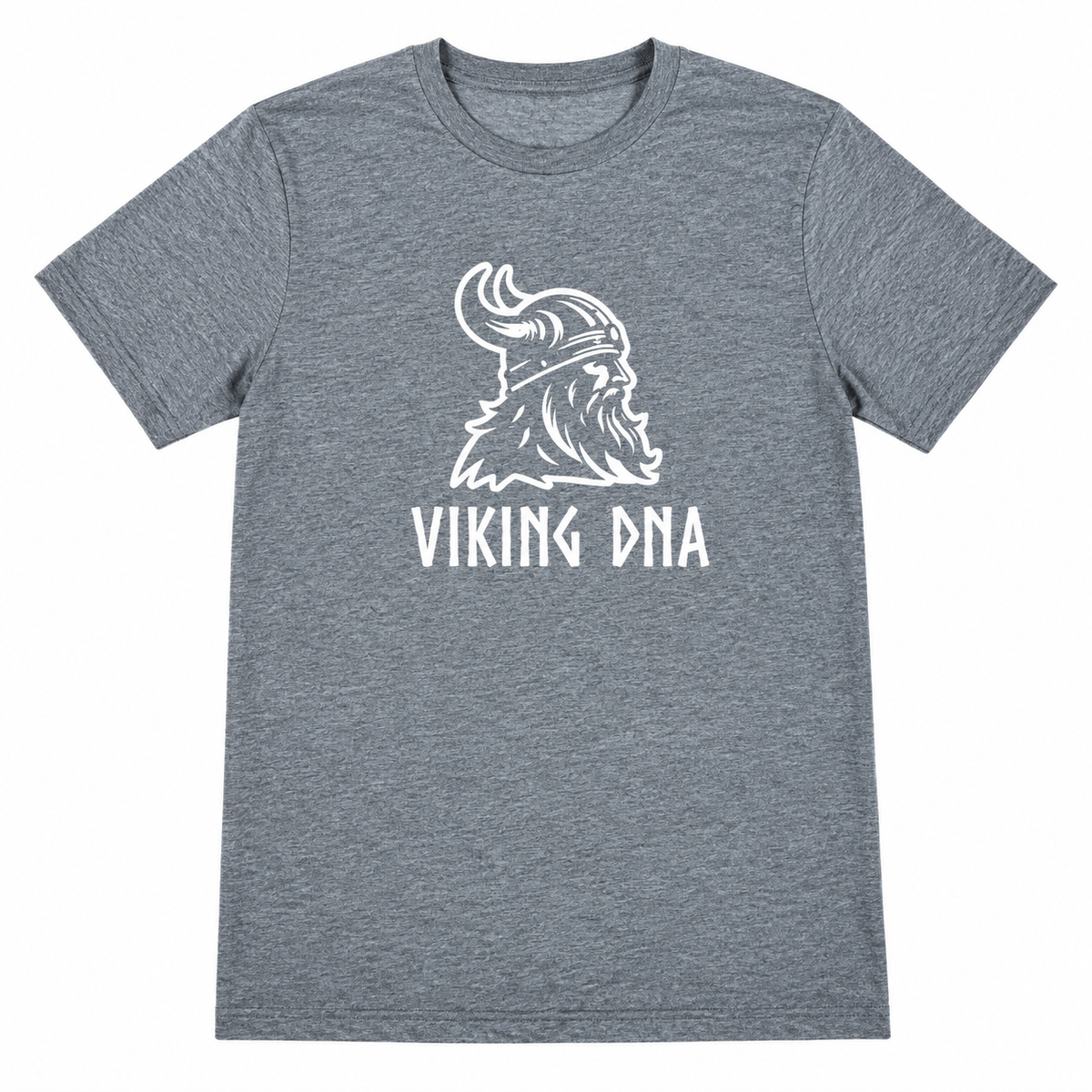 Gray shirt with a white graphic of a Viking helmeted head above bold “VIKING DNA” text. Design is centered on the front.