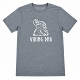 Gray shirt with a white graphic of a Viking helmeted head above bold “VIKING DNA” text. Design is centered on the front.