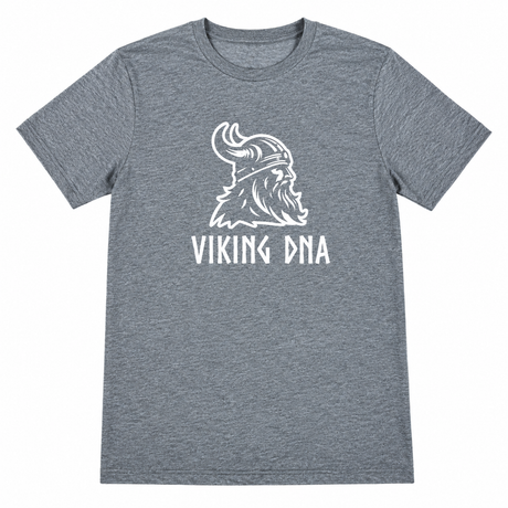 Gray shirt with a white graphic of a Viking helmeted head above bold “VIKING DNA” text. Design is centered on the front.