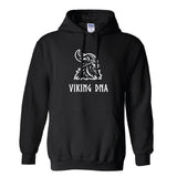 The Hoodie: Nordic Viking DNA Heritage Sweatshirt with Hood – Black showcases a bold white Viking head graphic and horned helmet above “VIKING DNA,” honoring Norse mythology and Nordic heritage.
