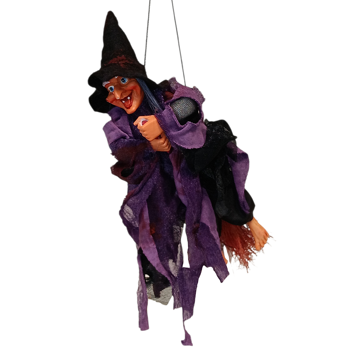 The Kitchen Witch: Walburga Purple Kitchen Witch Doll features a pointy black hat, tattered purple dress, and orange hair, hanging by a string and is believed to bring good luck to your home.
