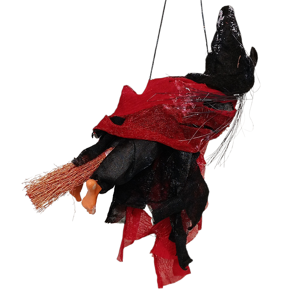 The Kitchen Witch: Walburga Red Kitchen Witch Doll features a red and black outfit, rides a broomstick, and hangs by a string—a charming good luck addition to your home décor.