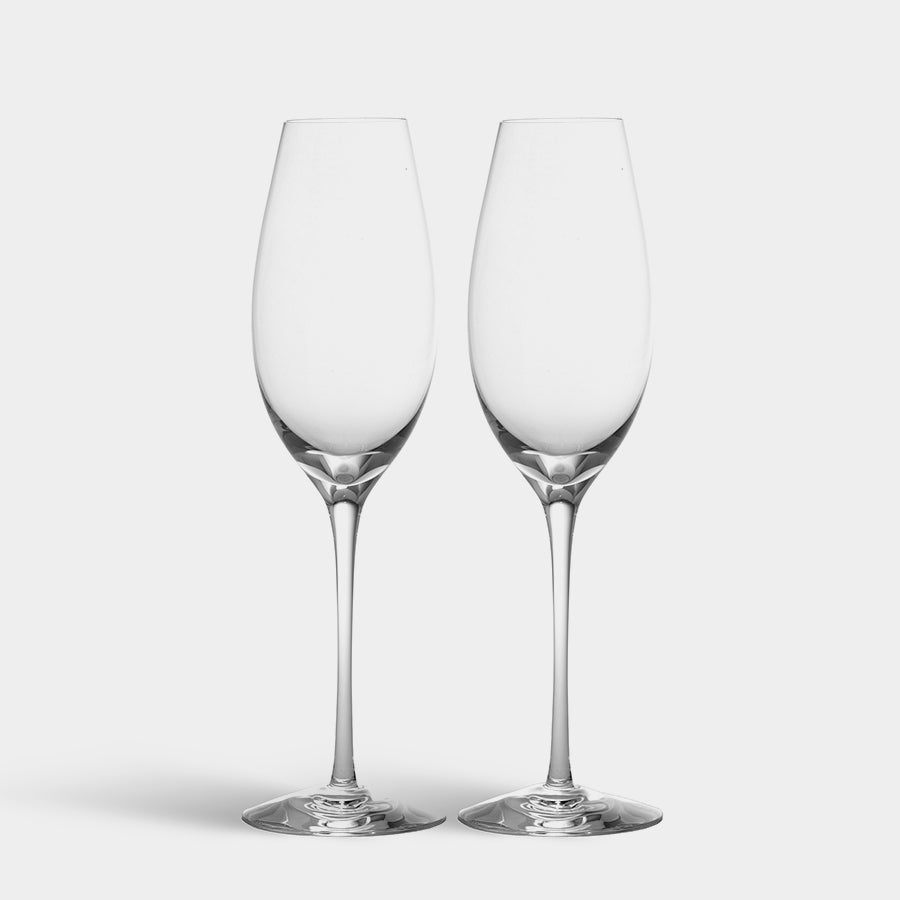 Two mouth-blown Orrefors Difference Sparkling Wine Glasses, sold as a 2-pack, stand empty with long stems against a plain white background.