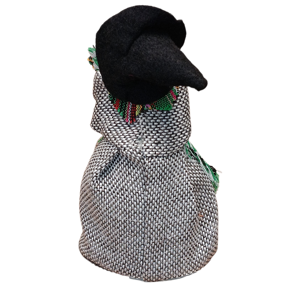 The Yasmina Green Kitchen Witch Doll Figurine (7" tall) features a black hat, woven patterned cloak, and colorful beaded accents around the neck—handmade in Germany for added kitchen protection.