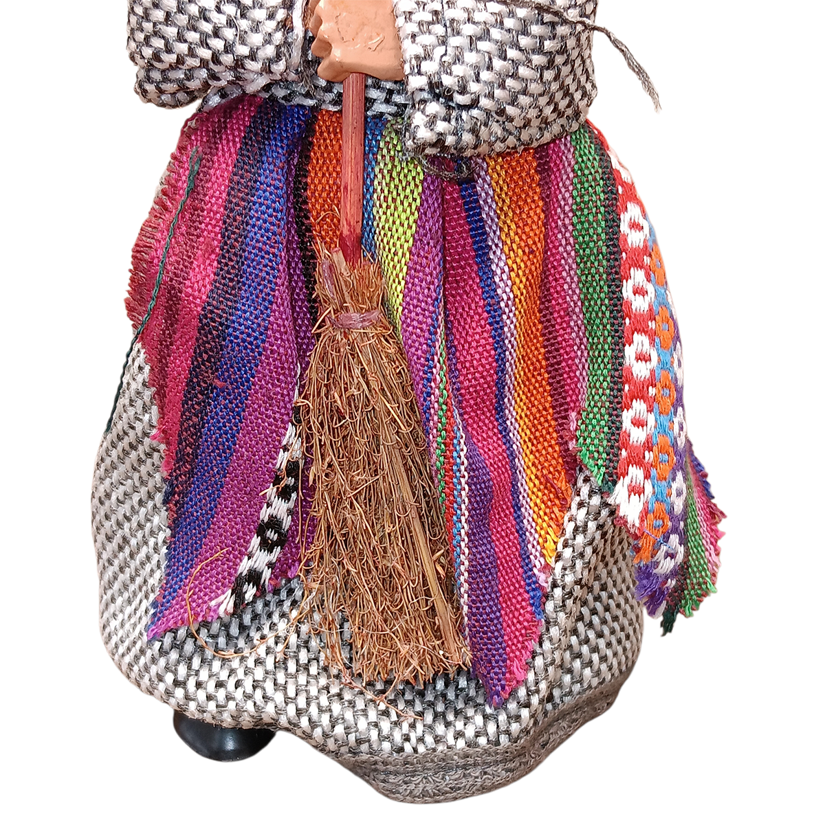 The Kitchen Witch: Yasmina Purple Standing Kitchen Witch Doll wears a woven black-and-white outfit with a colorful striped apron and holds a natural-fiber broom—a charming protective talisman inspired by Scandinavian folklore.