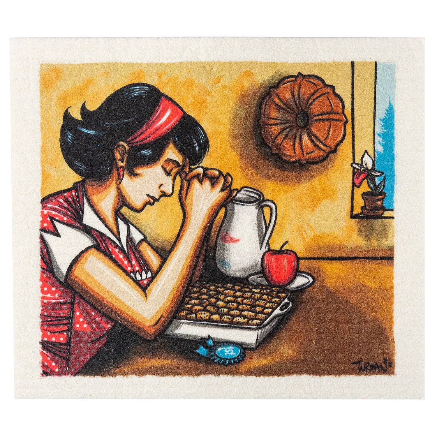 Illustration of a woman in a kitchen praying over a tray of baked goods. Nearby, the "Dish Cloth: Graceful by Adam Turman" is hanging, suggesting eco-friendly cleaning. A pitcher, apple, and plant adorn the table while a pumpkin decorates the wall.