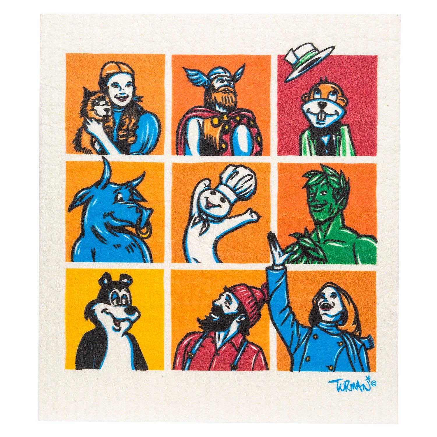 A vibrant grid of colorful cartoon characters, each in their own square, much like the MN Bunch by Adam Turman dish cloth bursting with personality, features a cat, a warrior, a frog, a blue dog, and more. This delightful array is as charming as it is eco-friendly.