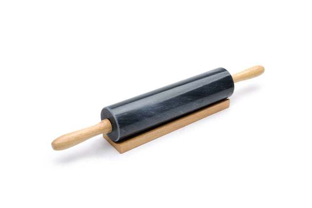 The Rolling Pin: Black Marble Rolling Pin with Wood Base features a black marble roller, wooden handles, and a matching wood base, shown isolated on a white background.