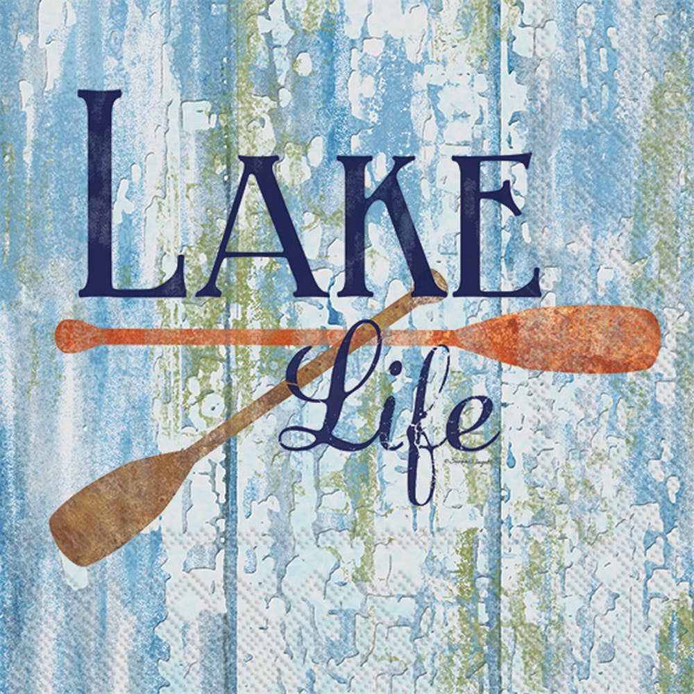 The Lake Life Weathered Wood napkins feature the "Lake Life" text set against a background of weathered wood paddles with distressed blue paint, evoking the charm of a cozy lakeside retreat.