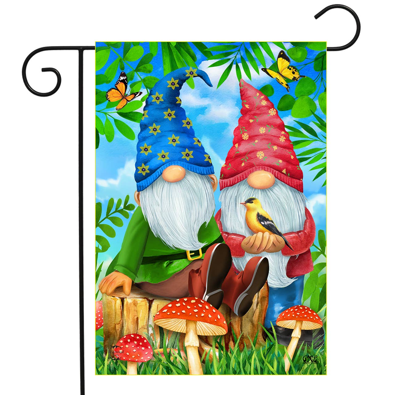 In an enchanting outdoor scene on the "Garden Flag: Gnome Sweet Gnome," two bearded gnomes are seated comfortably on logs. One of them is holding a bird, and both sport vibrant hats. They're surrounded by charming mushrooms, butterflies, and lush foliage set against a serene blue sky backdrop, crafted from burlap material, making it an ideal decorative flag for any garden.