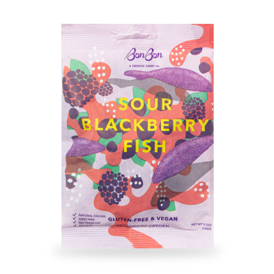 A 150g (5.2oz) bag of Bon Bon Sour Blackberry Fish candy with fruit and fish graphics, highlighting its gluten-free, vegan gummies made with natural colors.