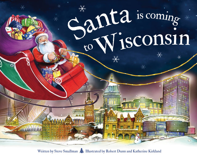 A depiction of Santa in a sleigh over a snow-covered city, capturing the enchanting essence of Santa's Christmas Eve journey, accompanied by the text "Santa Is Coming to Wisconsin" from the book *Santa Is Coming to Wisconsin*.