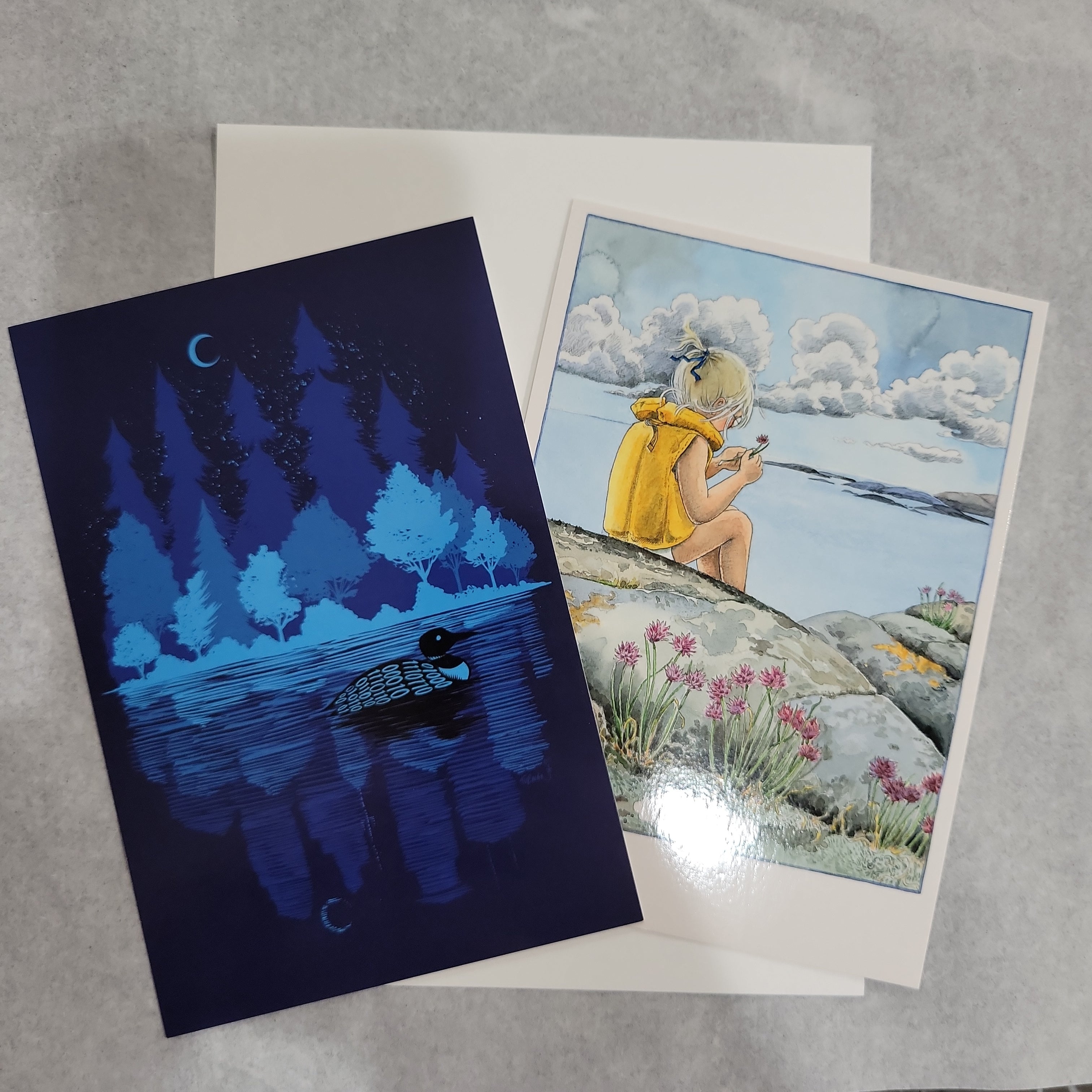 Set of two illustrated Post Cards ($1.99): one features a loon on a lake at night, and the other shows a girl in a yellow jacket sitting on lakeside rocks holding a shell.