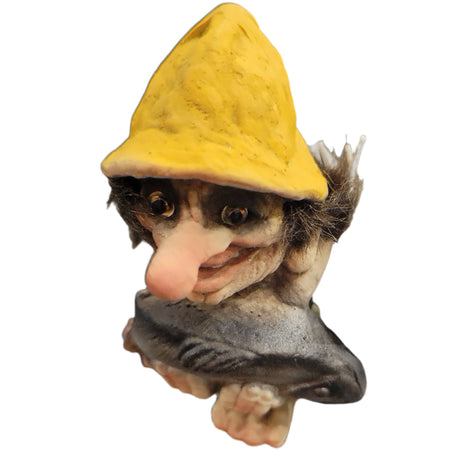 Troll: NyForm - Troll Fishermans Big Catch, approx 4.5 tall, features Norwegian design with a yellow hat, exaggerated nose, and a fish in hand; figurine isolated on white background.