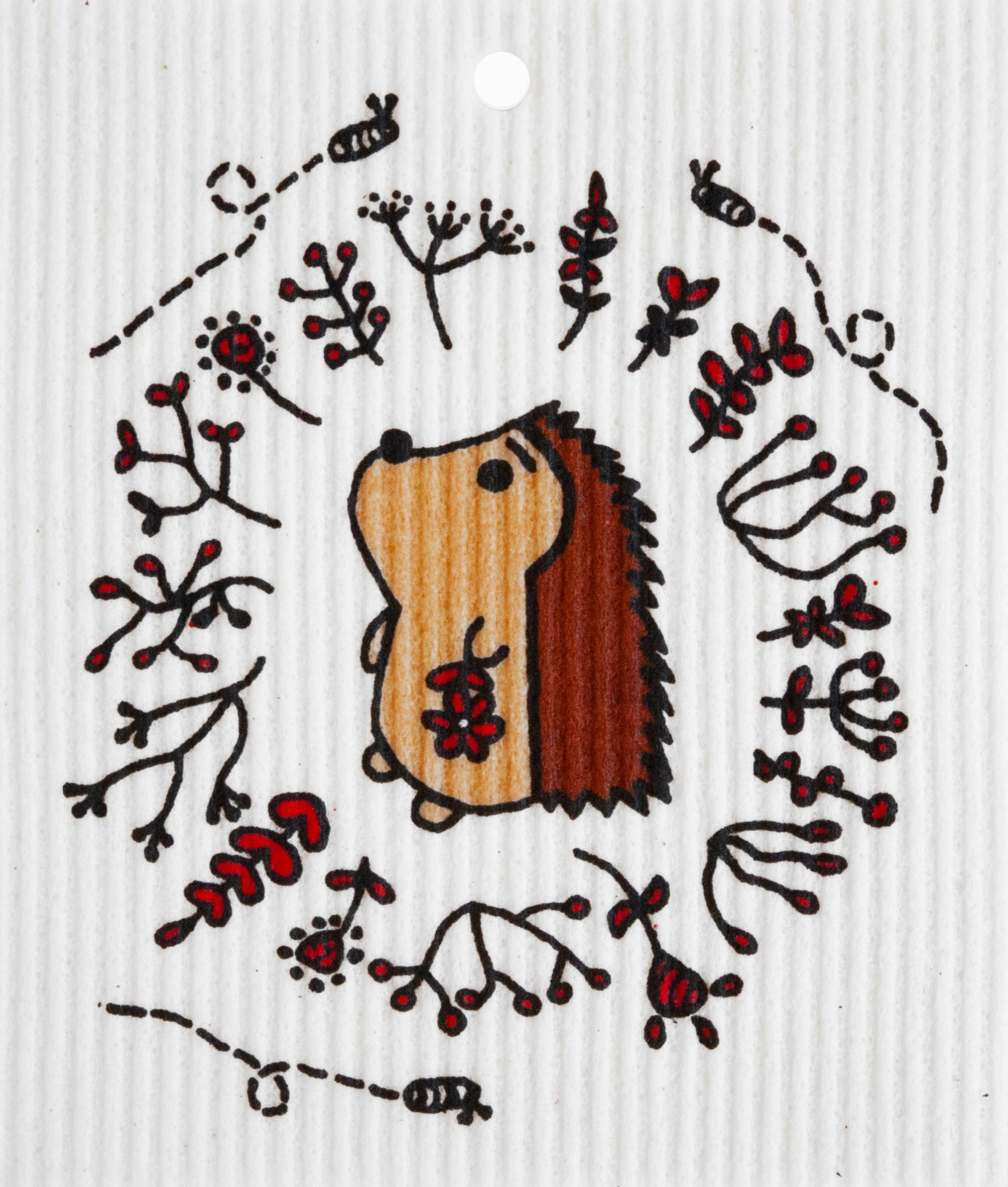 A cartoon hedgehog illustration with red berries and twigs on a textured, biodegradable background, similar to the Hedgehog Swedish Dish Cloth.