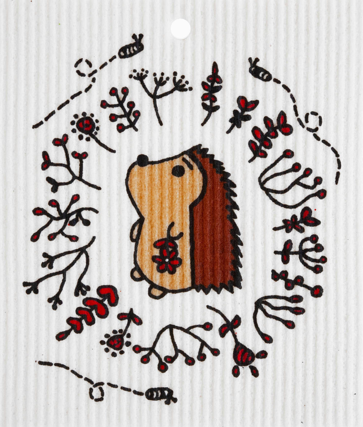 A cartoon hedgehog illustration with red berries and twigs on a textured, biodegradable background, similar to the Hedgehog Swedish Dish Cloth.
