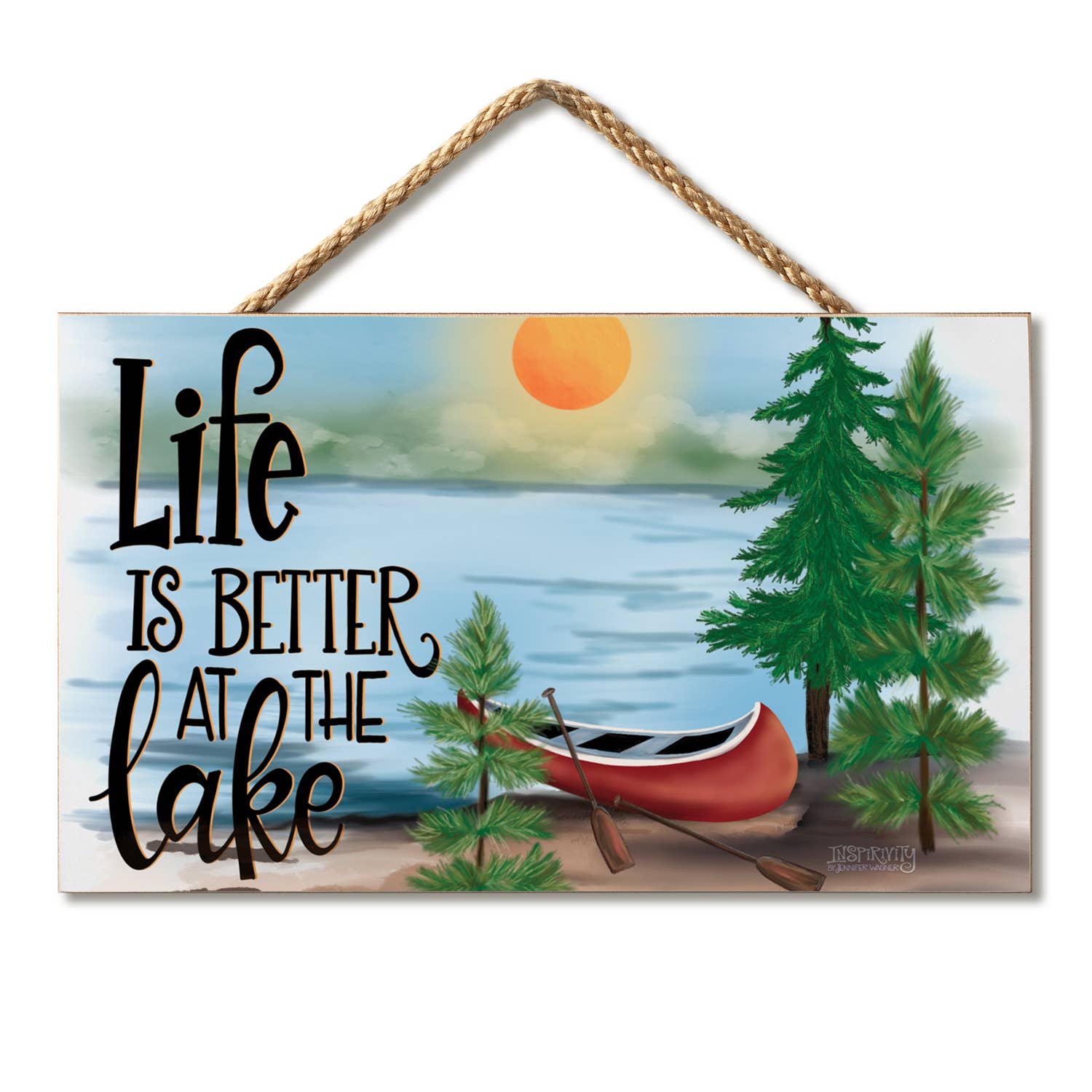 The "Life Is Better at the Lake" hanging wood sign, measuring 9.5" x 5.75", showcases a rustic design with a painted depiction of a lake scene, red canoe, and pine trees illuminated by a sunny sky.