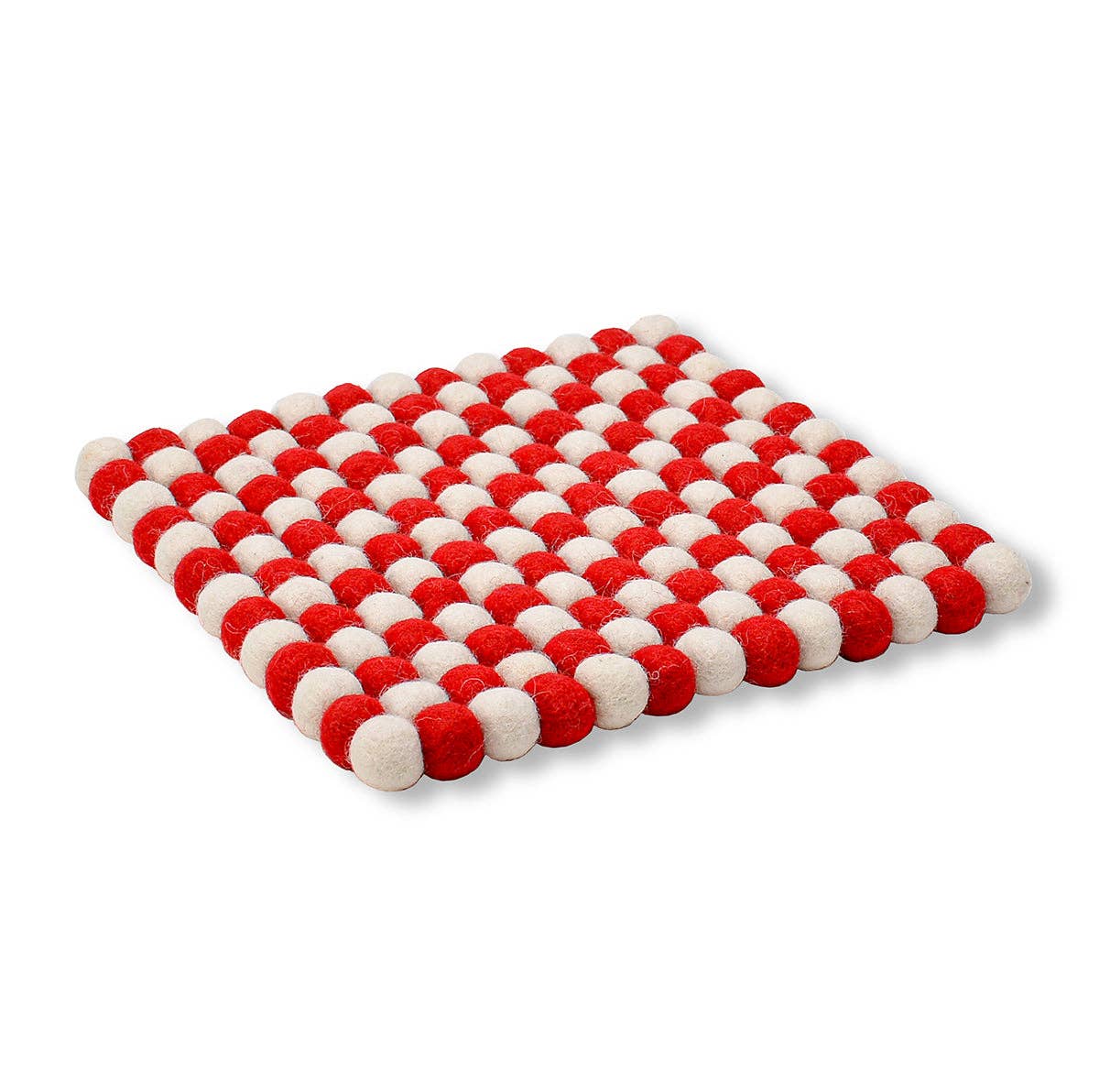 Trivet: Red & White Square Pom-pom Woll Felted Ball Trivet