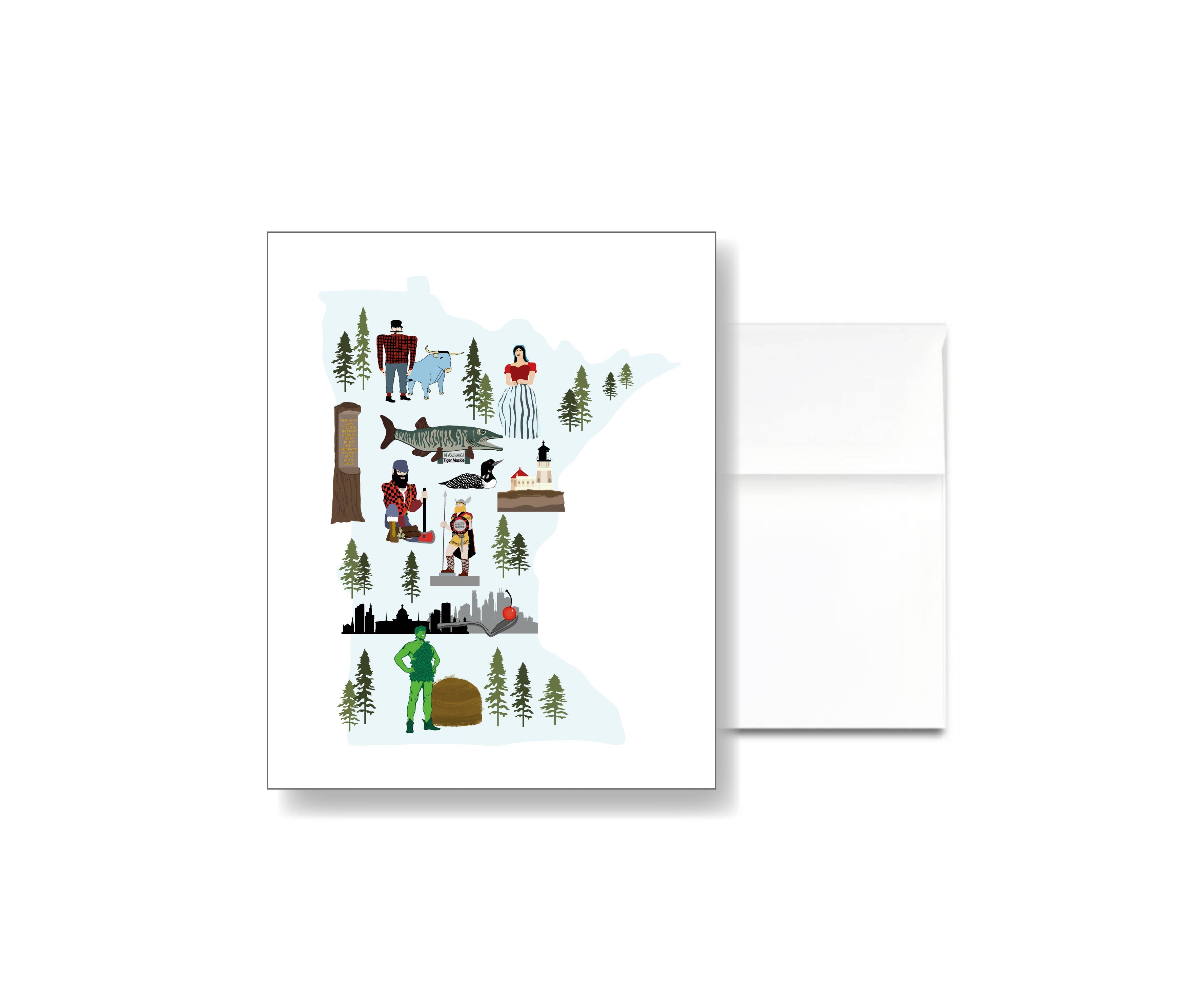 Minnesota Landmark Card featuring illustrated depictions of the state's landmarks, such as tranquil lakes, the State Bird the Loon, towering trees, the legendary Paul Bunyan, and a lively city skyline.