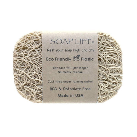The Original Soap Lift Soap Saver in beige is made of eco-friendly bio plastic, BPA- and phthalate-free, with a label—proudly made in the USA.