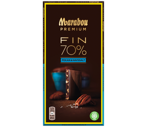 A Marabou Fin 70% Pekkan & Havssalt (100g) bar, dark chocolate with pecans and sea salt, shown with a piece revealing visible nuts and salt, next to whole pecans.