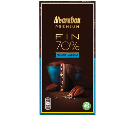 A Marabou Fin 70% Pekkan & Havssalt (100g) bar, dark chocolate with pecans and sea salt, shown with a piece revealing visible nuts and salt, next to whole pecans.