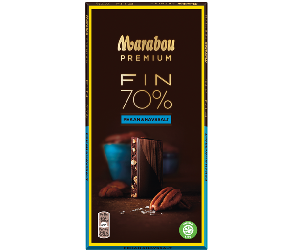 A Marabou Fin 70% Pekkan & Havssalt (100g) bar, dark chocolate with pecans and sea salt, shown with a piece revealing visible nuts and salt, next to whole pecans.