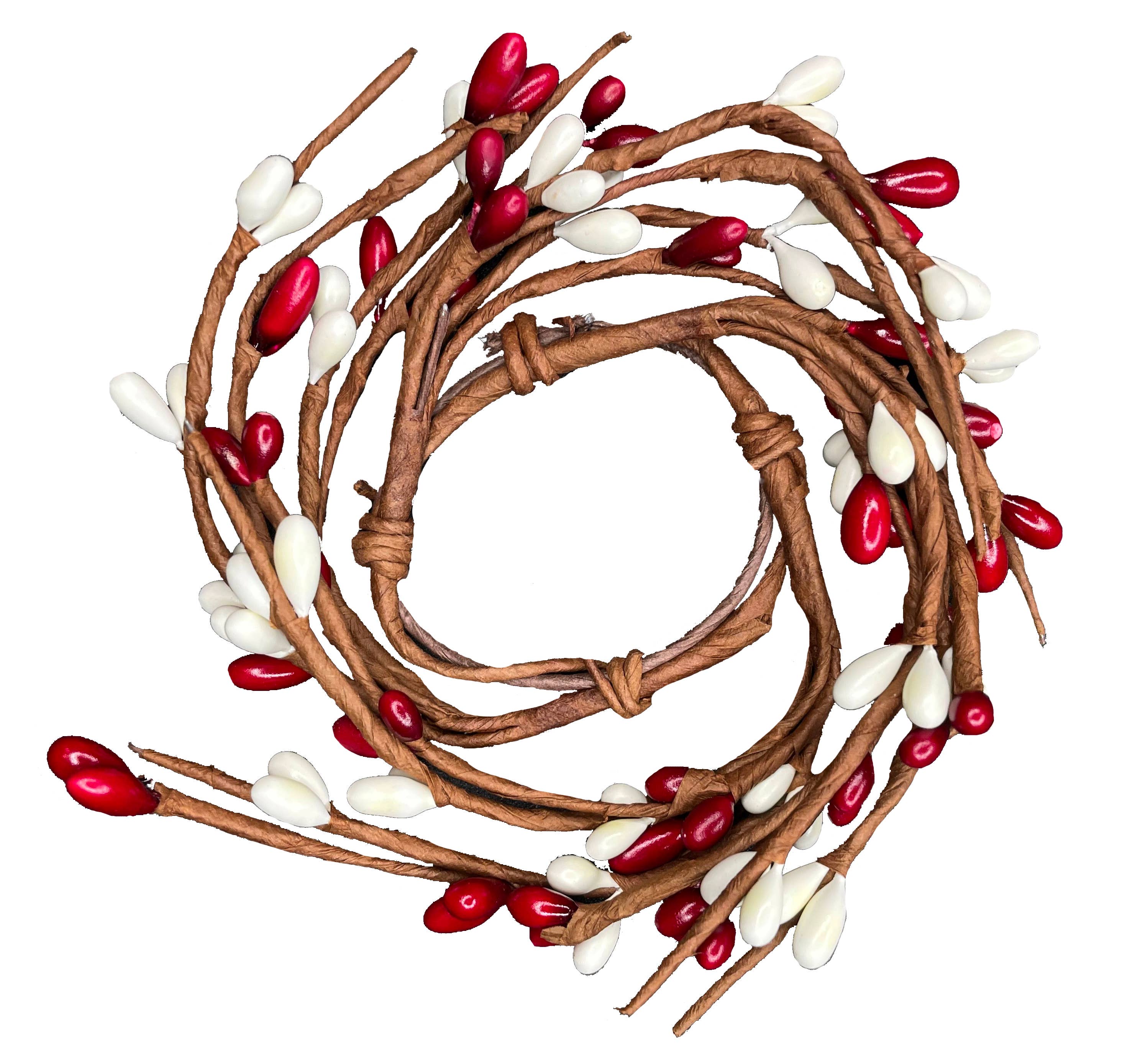 The Red/Cream Pip Berry Candle Ring Wreath 1.5" features a coiled brown vine adorned with red and white berry-shaped decorations, making it an ideal pip berry ring accent for your farmhouse decor.