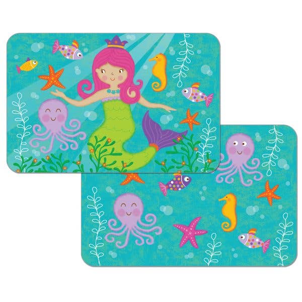 An adorable illustration of a mermaid with pink hair featuring fish, octopuses, starfish, sea plants, and a seahorse on a blue background. This whimsical design is ideal as a housewarming gift or to enhance your dining table with the easy-care and BPA-free Kids Mermaid Reversible Rectangular Plastic Placemat.