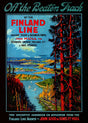 The "Off the Beaten Track Finland Line - Come to Finland" poster (50 x 70 cm), printed on premium FSC-certified matte paper, beautifully portrays a scenic landscape of forests and waterways. It advertises holiday tours and business trips from Hull to destinations such as Denmark and Sweden.