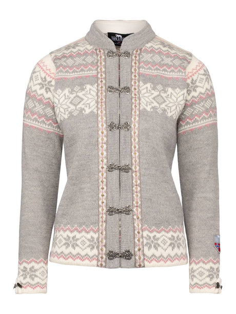 The Voss Wool Cardigan by Norlender is a gray Norwegian sweater made from pure new wool, featuring intricate metal clasps and Nordic designs in white and pink.