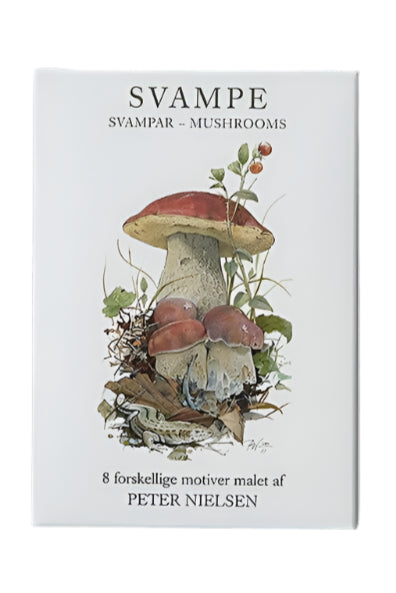 The card pack, Svampe - Mushrooms, features illustrations of eight mushrooms by Peter Nielsen, labeled in Danish and Swedish. Each card is printed on eco-friendly paper and comes with envelopes in a convenient cardfolder.