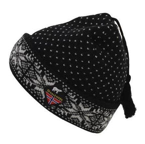 The Norlender Knitwear Black Snowflake Beanie is a black and white knitted winter wool hat showcasing a snowflake pattern, with a logo displayed on the front.