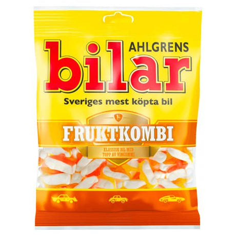 A yellow and orange 125g bag of Ahlgrens Bilar Fruktkombi Fruity Marshmallow Cars, with car images and Swedish text on the packaging.
