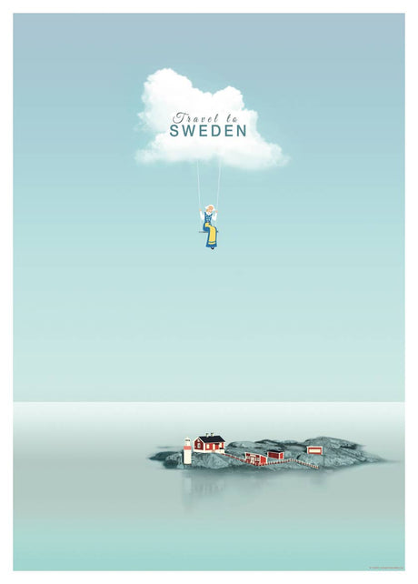 A charming travel poster features an illustration of a person swinging from a cloud labeled "Travel to Sweden," highlighting the allure of this picturesque Scandinavian country with its quaint island setting, complete with houses and a lighthouse. This stunning piece is available as the "Poster: Travel to Sweden - Come to Sweden" in a 50 x 70 cm size.