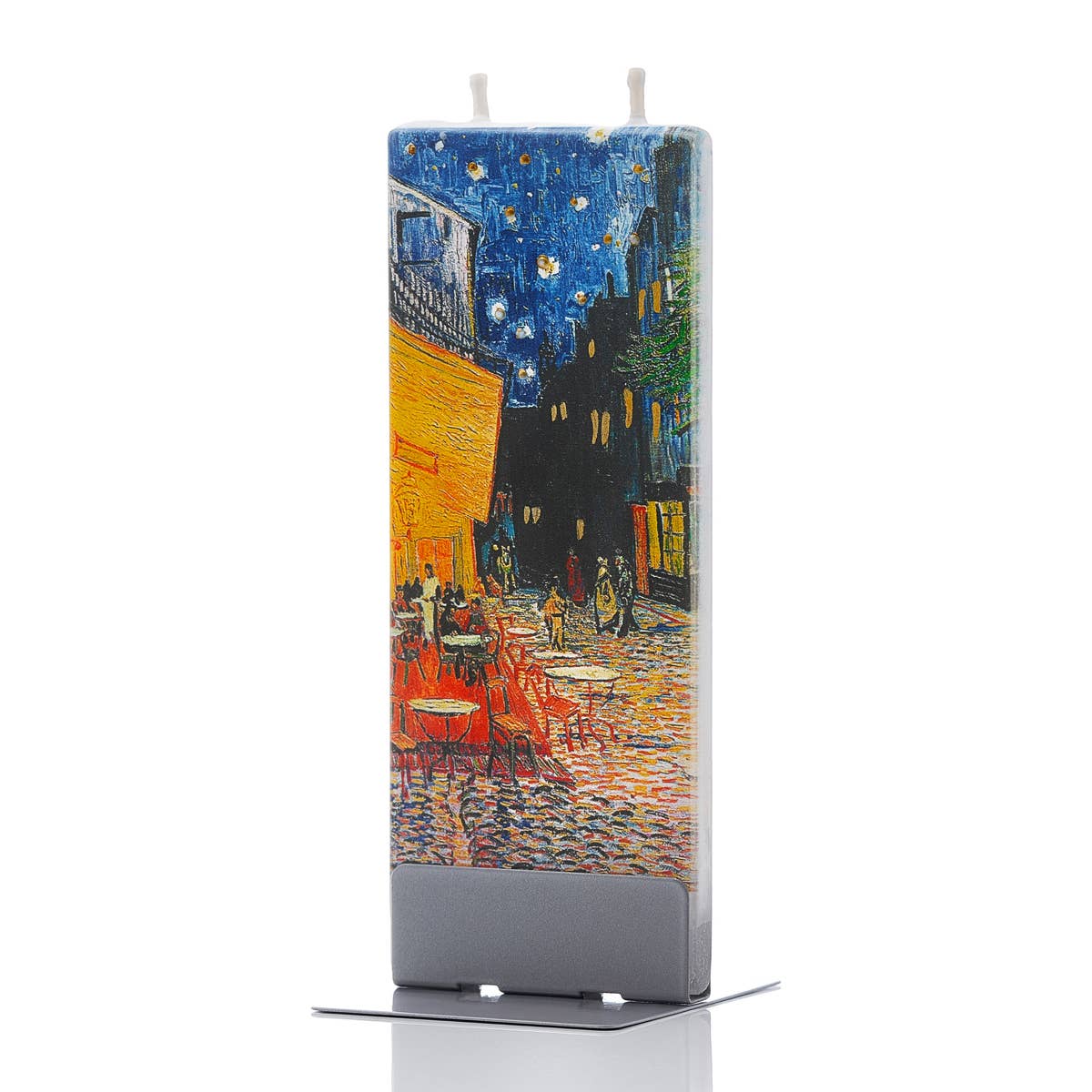 The Candle: Café Terrace - Flat Candle by Van Gogh is a rectangular, upright nightlight featuring Van Gogh’s Café Terrace at Night, with a white two-prong plug on top and gray base, designed to be self-extinguishing for added safety.