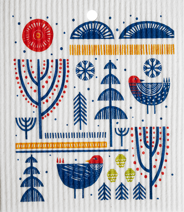 Swedish Dish Cloth: Bird and Folk Art Wash Towel showcases an illustrated pattern of abstract trees, birds, and geometric shapes in red, blue, and yellow on a textured white background. Made with environmentally friendly materials, it offers a biodegradable solution for your kitchen needs.