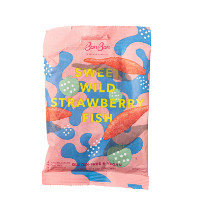 This BonBon - Sweet Wild Strawberry Fish (150g) Swedish candy package features abstract designs and product details, highlighting its vegan and gluten-free status.