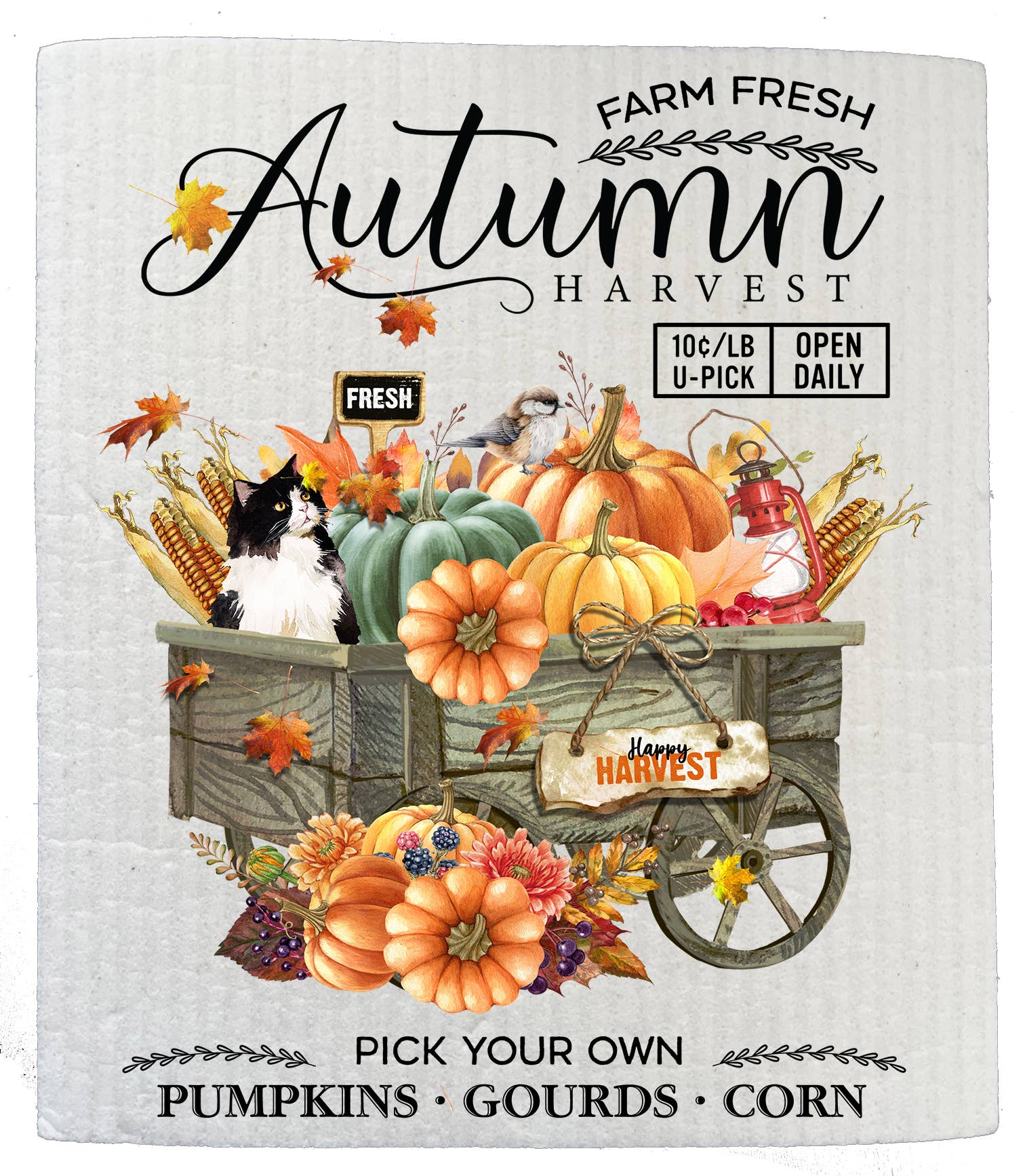 A biodegradable Dish Cloth: Farm Fresh Fall Autumn Harvest Kitchen SWEDISH features a wooden cart with pumpkins, gourds, corn, flowers, a cat, and birds. Text: Autumn Harvest, Pick Your Own: Pumpkins, Gourds, Corn. Eco-friendly seasonal charm.