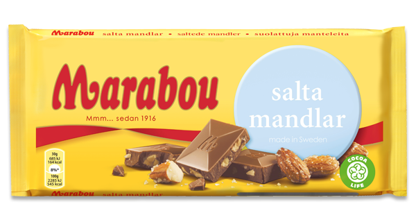 The yellow wrapper of Marabou Milk Chocolate with Salted Almonds (200g) shows chocolate pieces and salted almonds, with a blue "Made in Sweden" circle and nutrition info displayed on the left side.